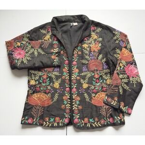Anu Women's Open Front Floral Embroidered Silk Blazer Art to Wear Jacket Size XL